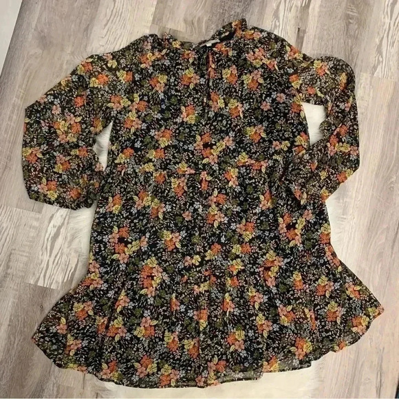 LOFT navy Floral Tie Neck Flowy floral Swing Dress Sz M - Picture 5 of 11